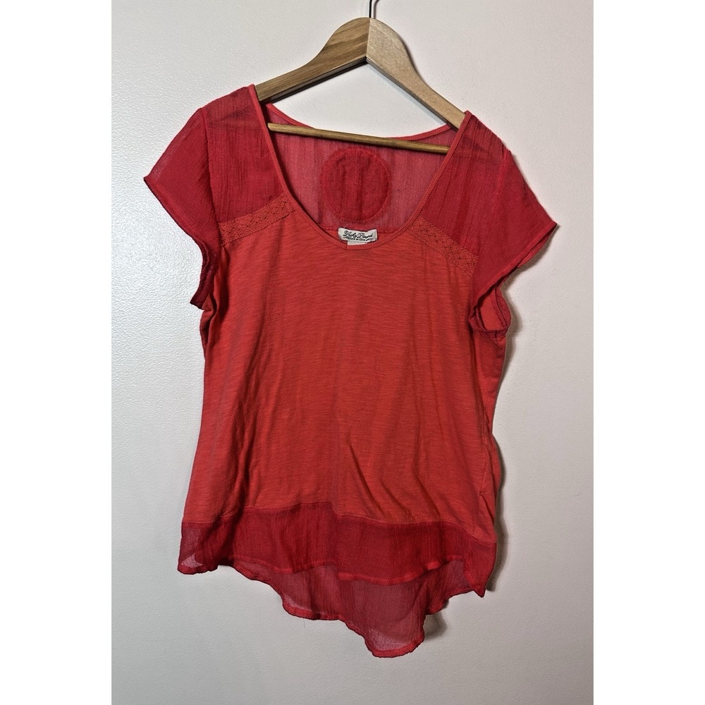 Lucky Brand Live in Love Top Womens M Orange Sheer Yoke Embroidered High Low Hem